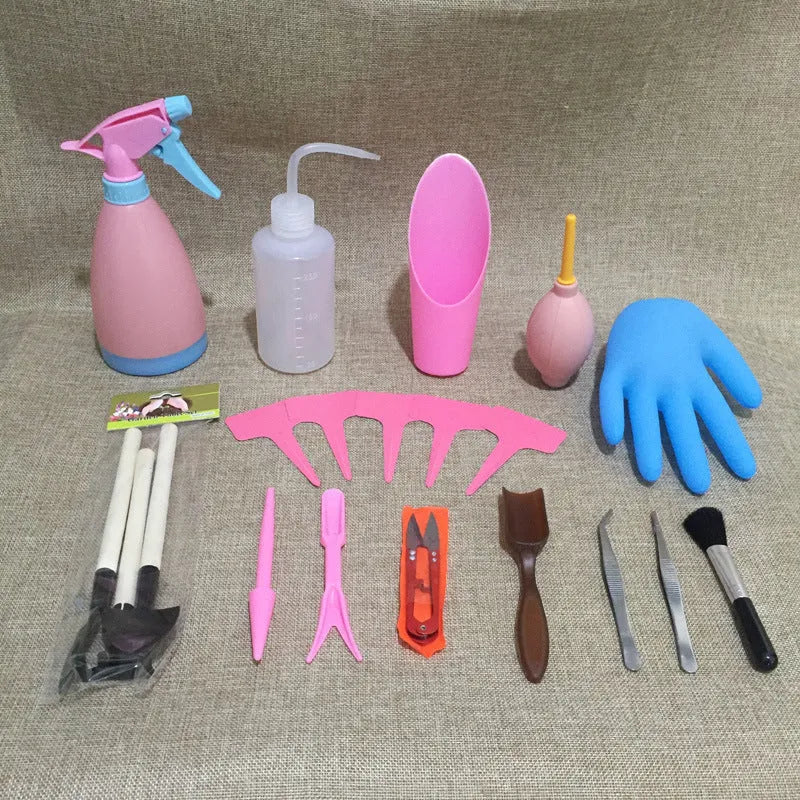 14-piece succulent gardening tool set showing watering can, mini tools, tweezers, and air blower for small plant care