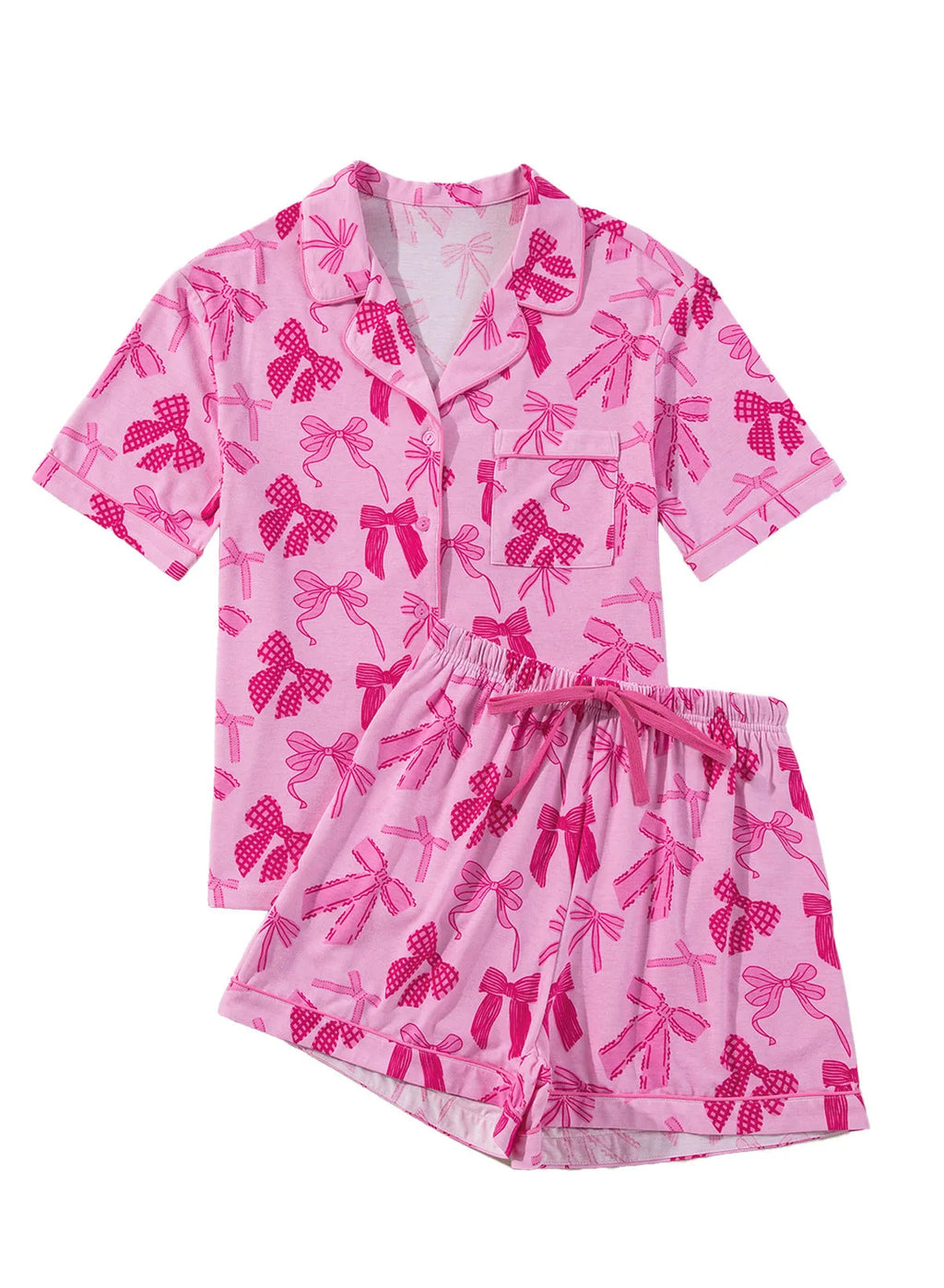 Pink bow print two-piece polyester pyjama set with lightweight fabric for sleep and homewear