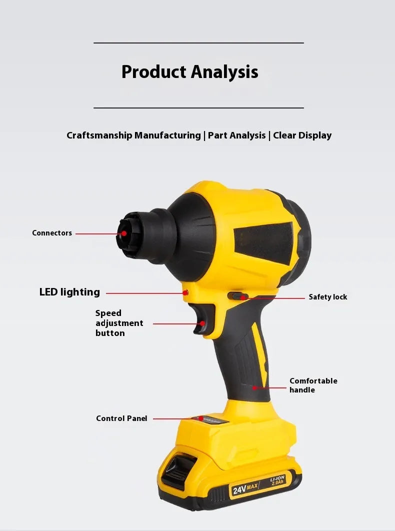 Yellow cordless handheld dust blower gun with adjustable air volume dial for office and home cleaning