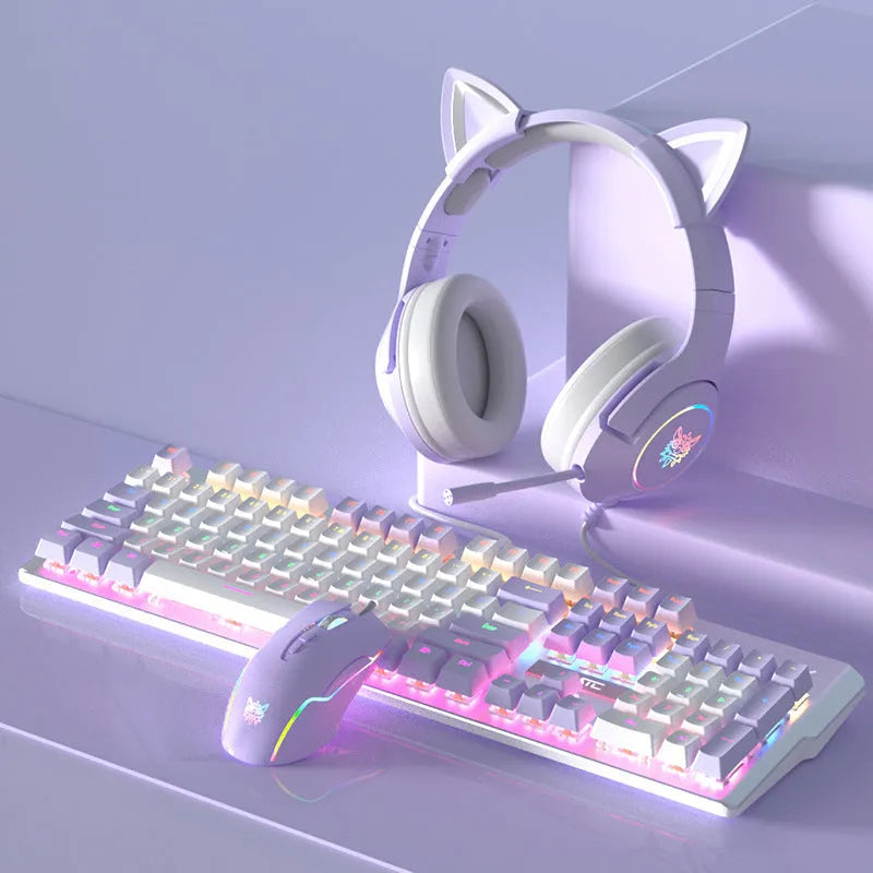 White and purple wired mechanical keyboard and mouse set with backlight