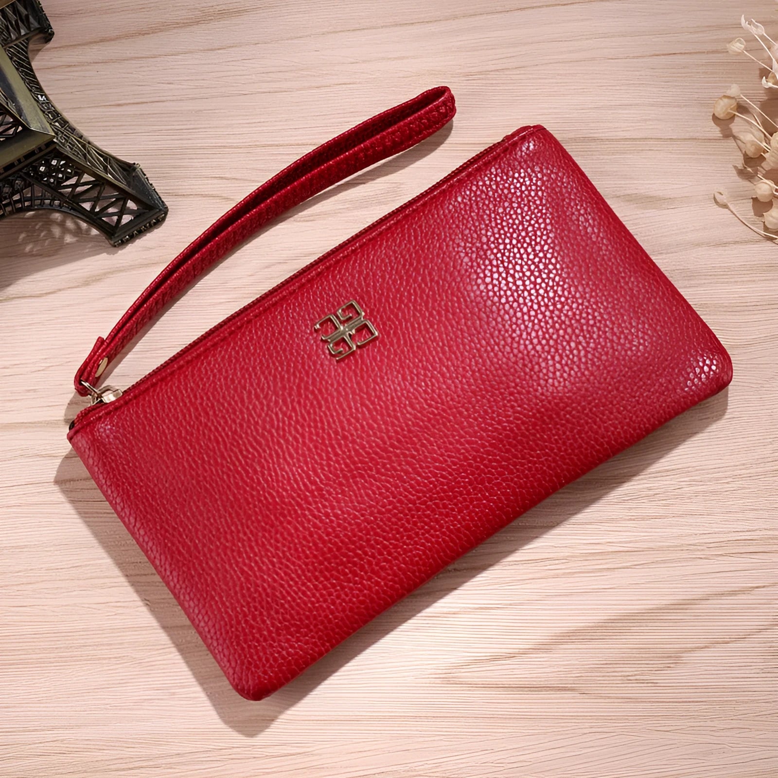 Long 55cm phone wallet handbag in PU leather with zipper closure and sewing line detail