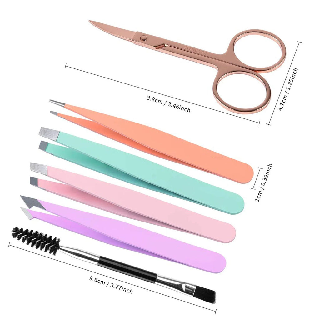 Six-piece stainless steel eyebrow tweezers set with scissors, brush, and leather case