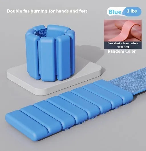 Adjustable silicone fitness bracelet with detachable 1lb or 2lb weight options in pink, black, grey and blue.