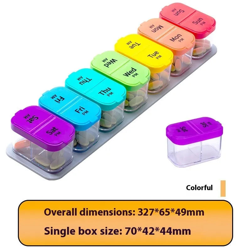 Amazon pill box with 14 removable compartments in white colour showing 1L capacity and portable design