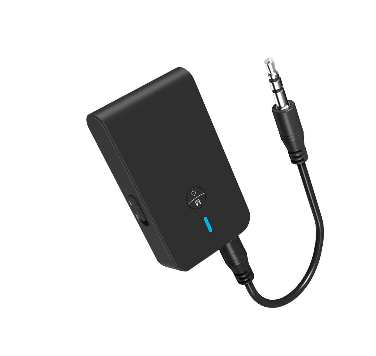 Black Bluetooth audio adapter with 3.5mm AUX jack for wireless music streaming to car and home stereo systems