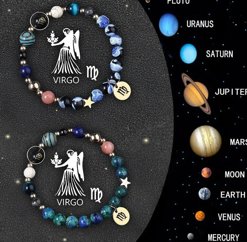 Twelve zodiac sign bracelets with natural stone beads on elastic string showing different astrological designs