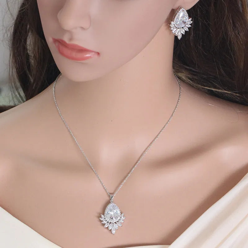 AAA bridal banquet jewellery set with silver tone necklace and earrings in blue, red, white colour options