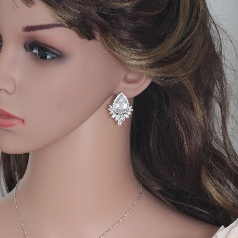 AAA bridal banquet jewellery set with silver tone necklace and earrings in blue, red, white colour options