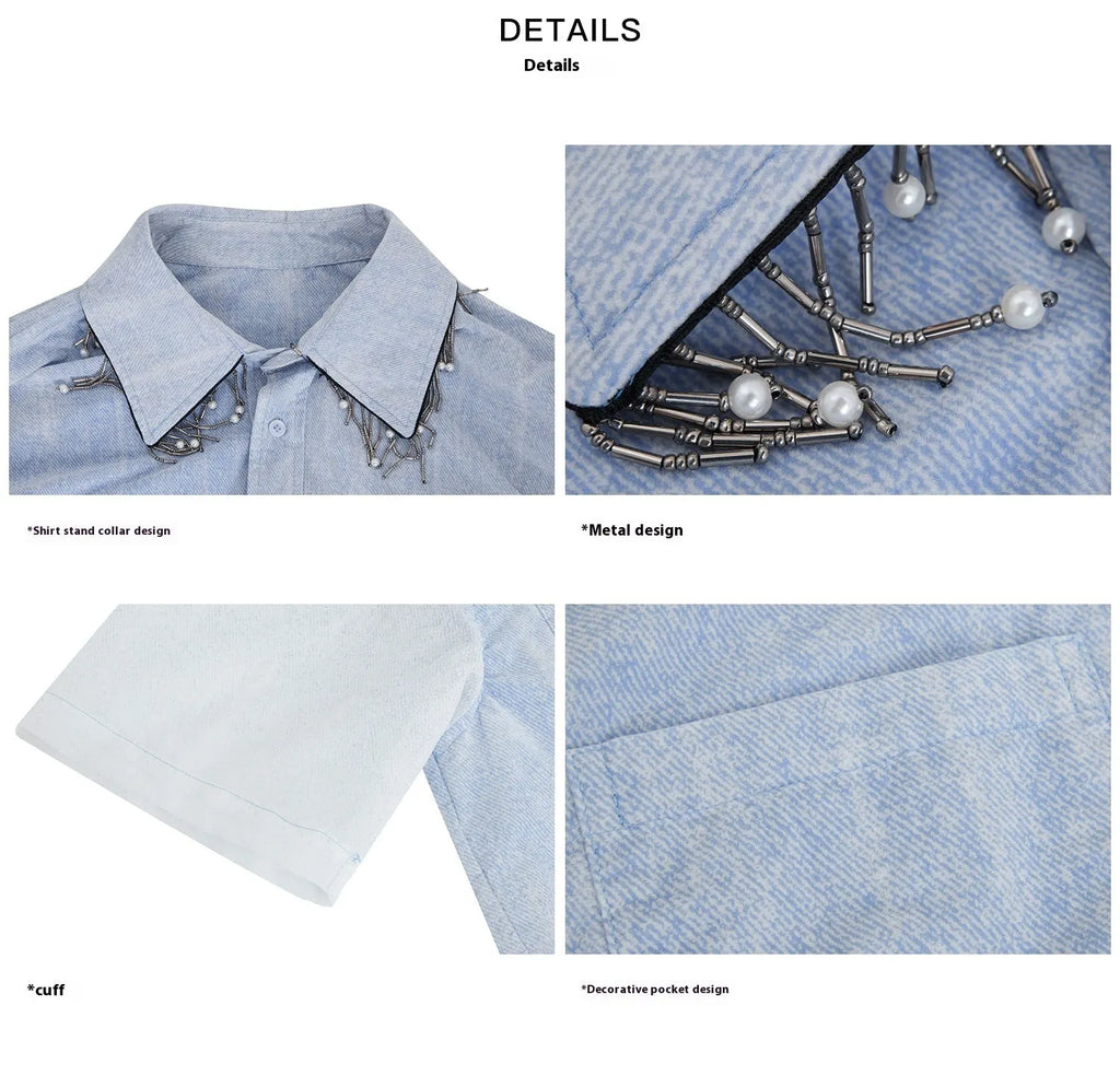 Men's blue and white gradient loose fit short sleeve shirt with quilted texture