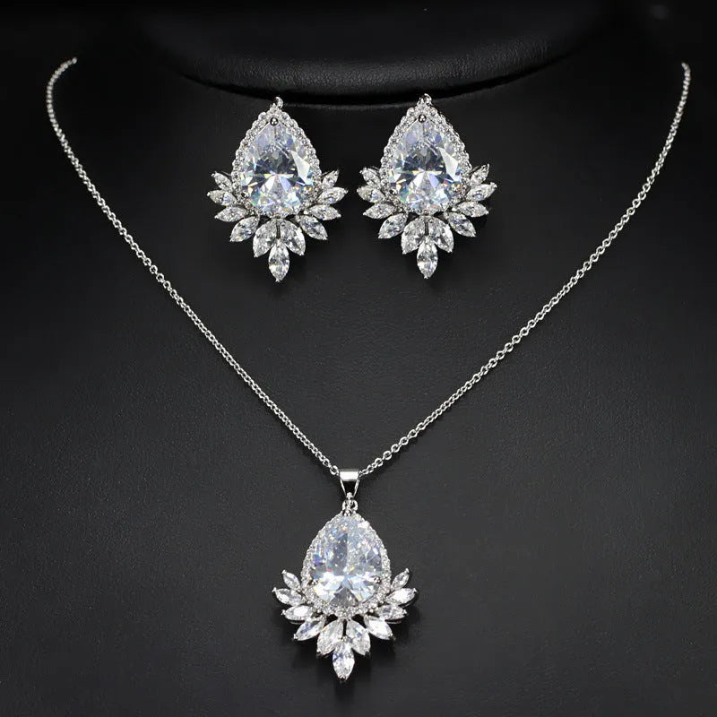 AAA bridal banquet jewellery set with silver tone necklace and earrings in blue, red, white colour options