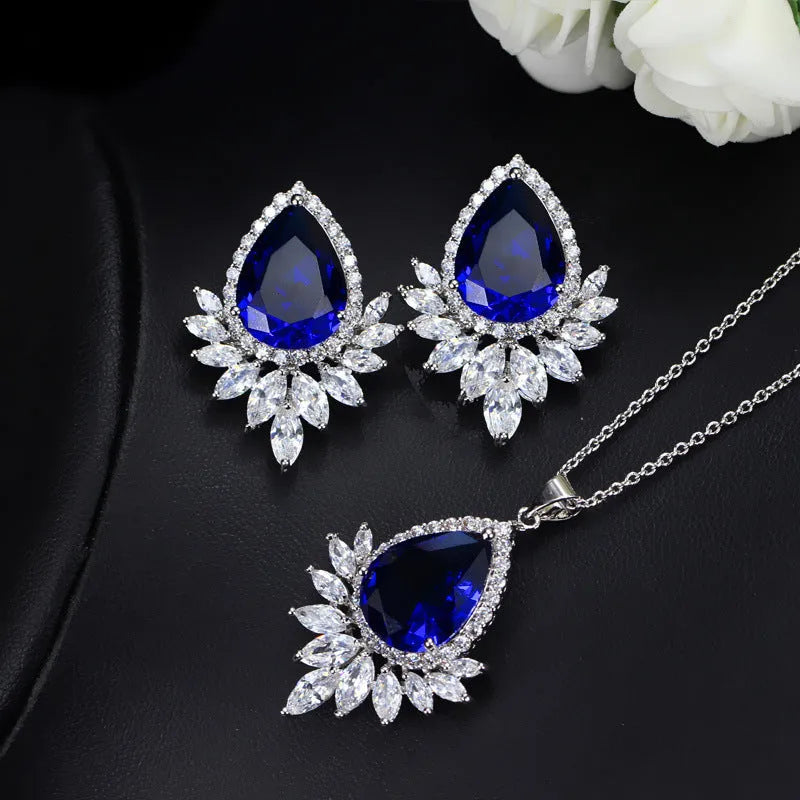 AAA bridal banquet jewellery set with silver tone necklace and earrings in blue, red, white colour options