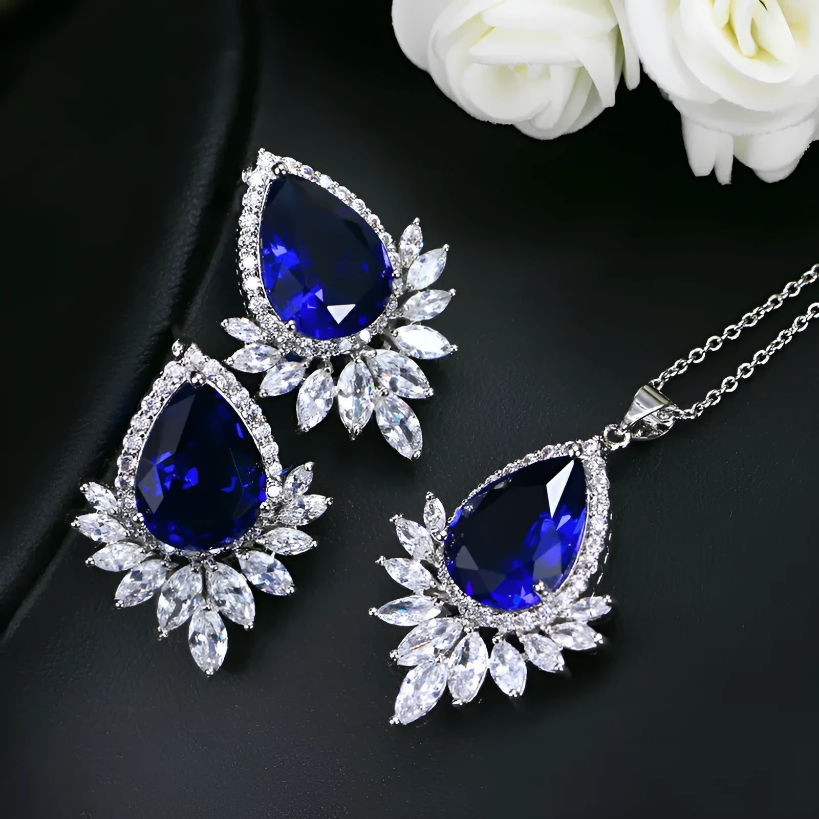 AAA bridal banquet jewellery set with silver tone necklace and earrings in blue, red, white colour options