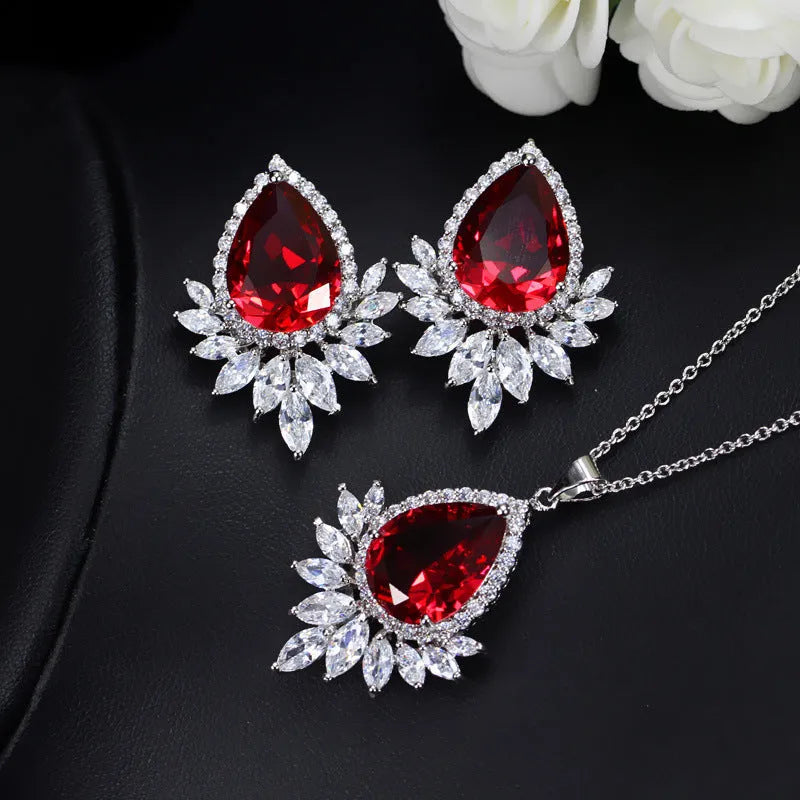 AAA bridal banquet jewellery set with silver tone necklace and earrings in blue, red, white colour options