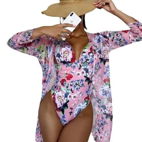 Women's floral print polyester bikini three-piece set with matching sheer cover-up coat