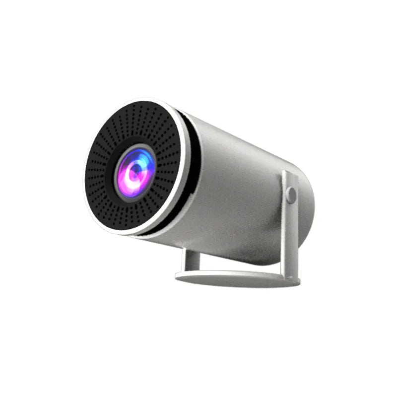 White barrel-shaped Hy300 smart projector with 720p 120ANSI resolution for home cinema