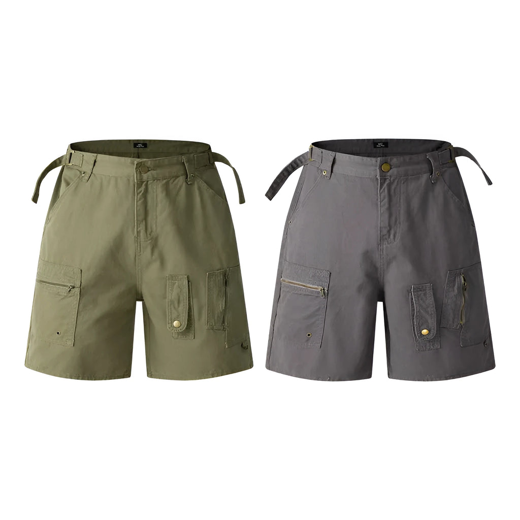 Grey retro-style workwear shorts made from soft washed cotton cloth, featuring a zipper and loose fit.