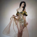 Gold strapless sequined dress with tulle skirt and thigh-high split for women's formal evening wear