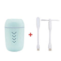 X3 portable car humidifier with columnar shape in blue, showing USB cable and 200ml water tank capacity.
