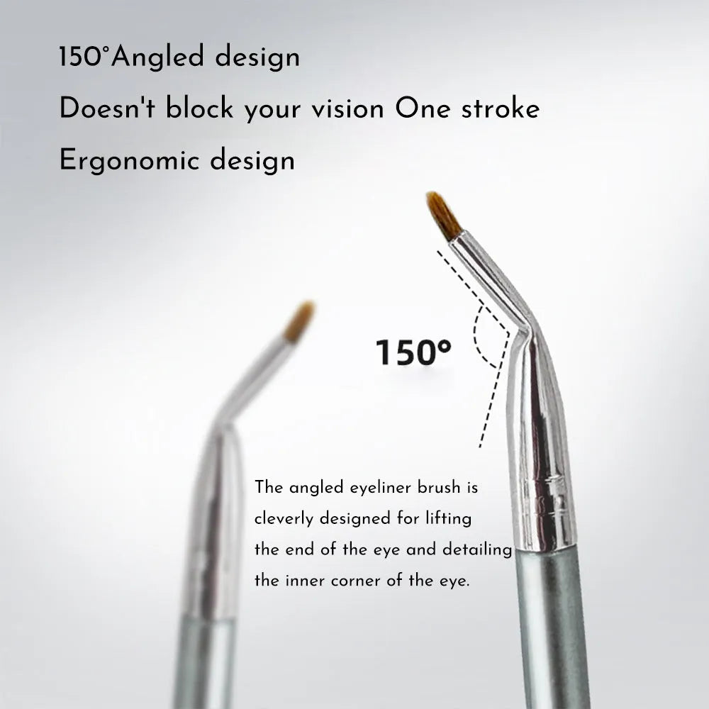 Close-up of a bent head eyeliner brush for precise under eye and tear trough makeup application.