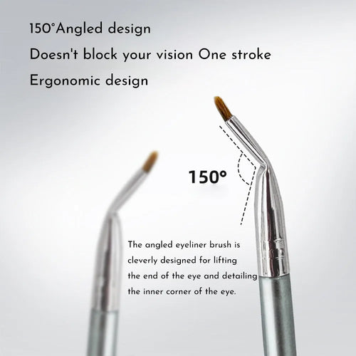 Close-up of a bent head eyeliner brush for precise under eye and tear trough makeup application.