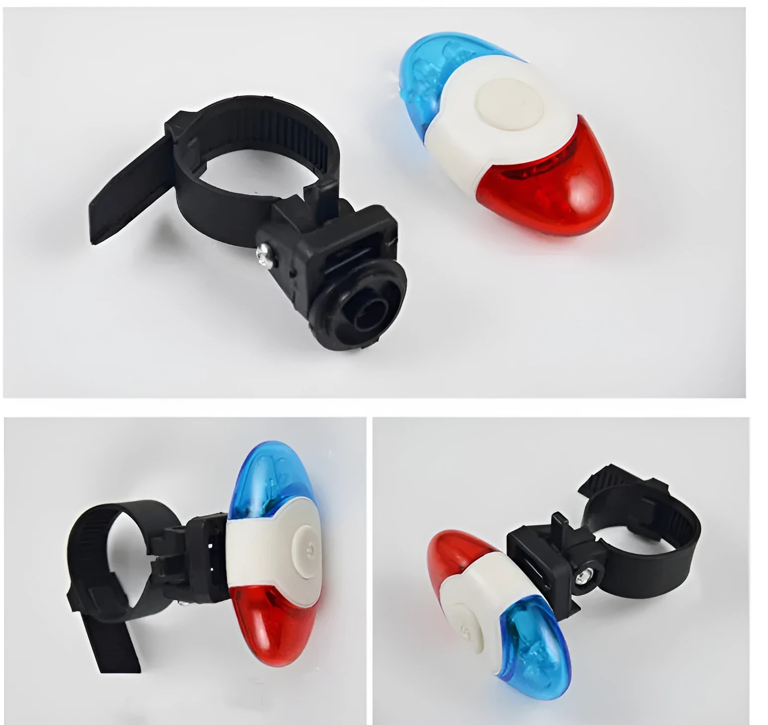 Red and blue LED bicycle tail light with adjustable mounting base in horizontal and vertical positions