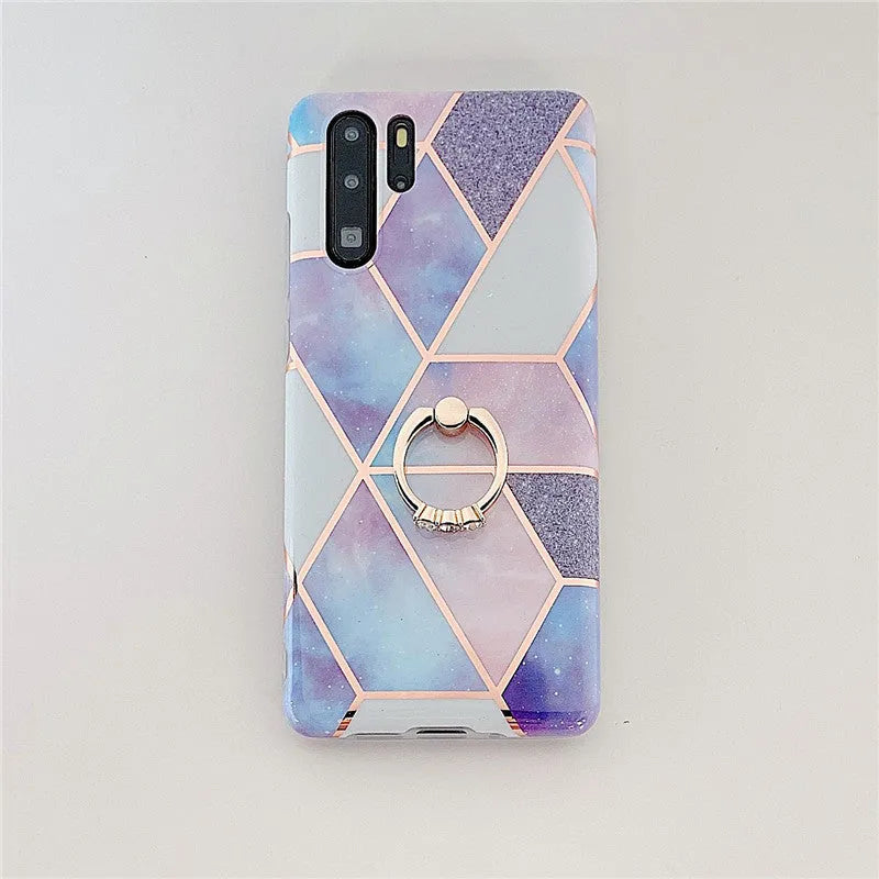 Electroplating mosaic marble ring phone case for Huawei – grid pattern, flexible TPU back cover with ring, six colour options