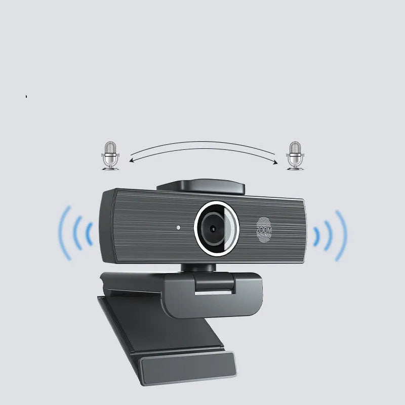 Black USB computer camera with magnetic privacy cover for video conferencing at 8MP resolution and 60FPS