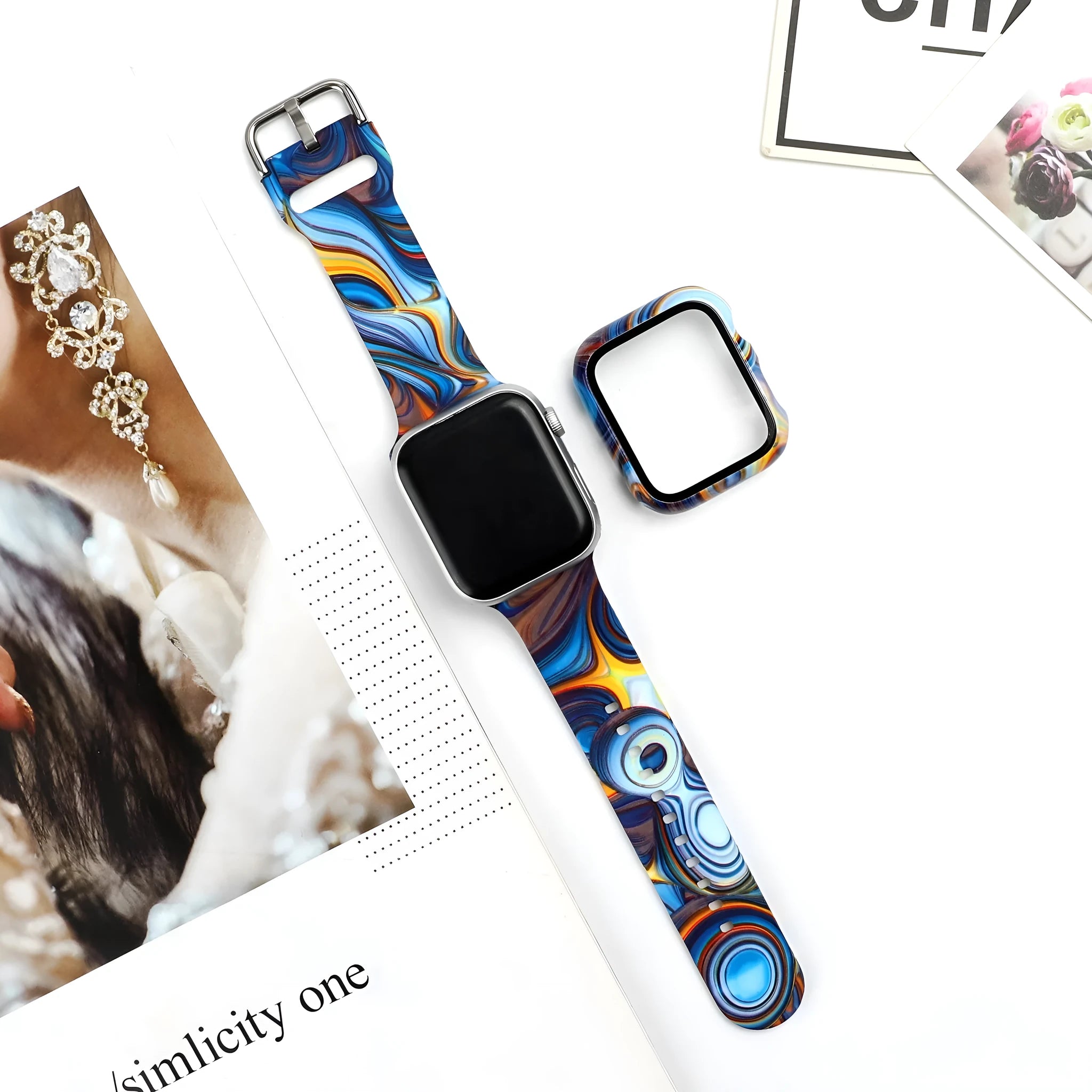 Printed silicone replacement watch strap for Apple Watch in multiple sizes and style designs.