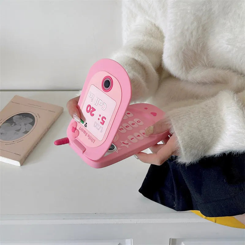 Pink silicone flip phone shaped case with mirror for iPhone models