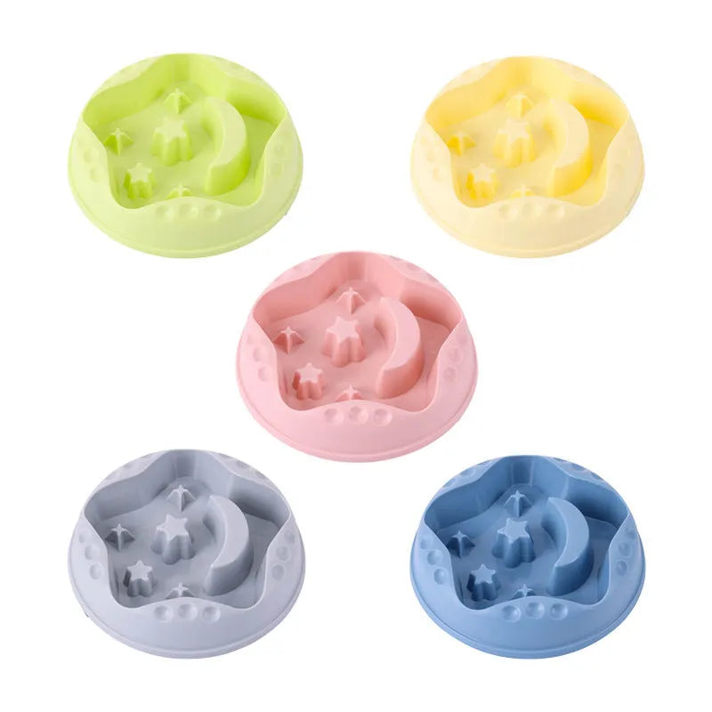 Moon Star Wings slow feed dog bowl with interior ridges and non-slip base in assorted colours.