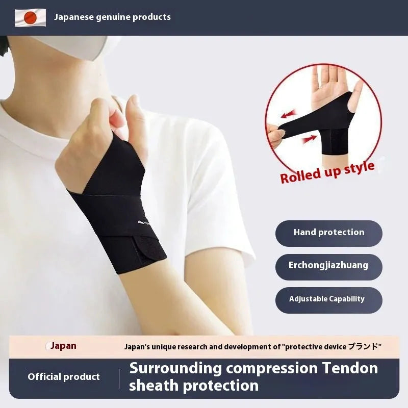 Black adjustable athletic wristguard for wrist support during sports like badminton and tennis.