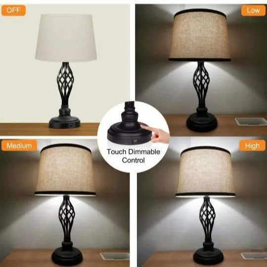 Silver alloy touch control bedside table lamp with USB cable on wooden surface
