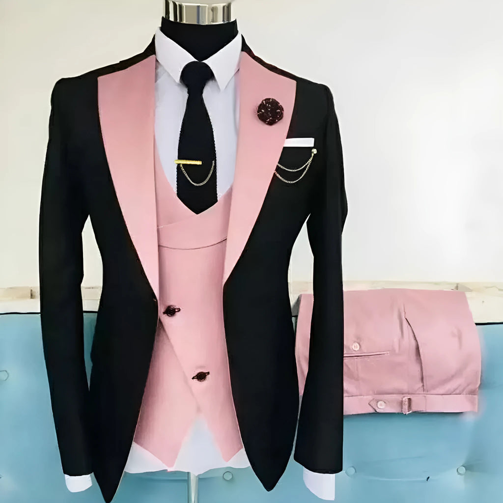 Men's slim fit three-piece business suit in cotton with vest, coat, and trousers