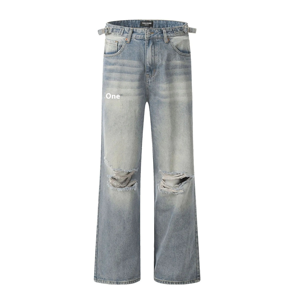 Men's blue straight-leg jeans with ripped details and zipper fly in retro style
