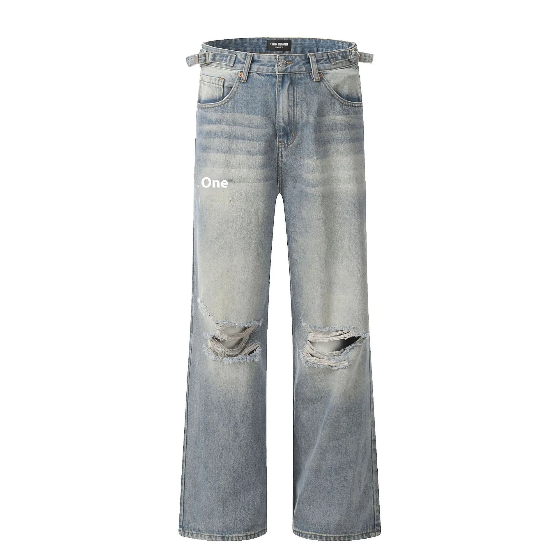 Men's blue straight-leg jeans with ripped details and zipper fly in retro style