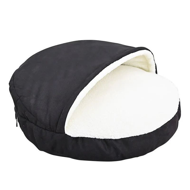 Brown and grey removable washable cloth dog kennel showing S and M size options