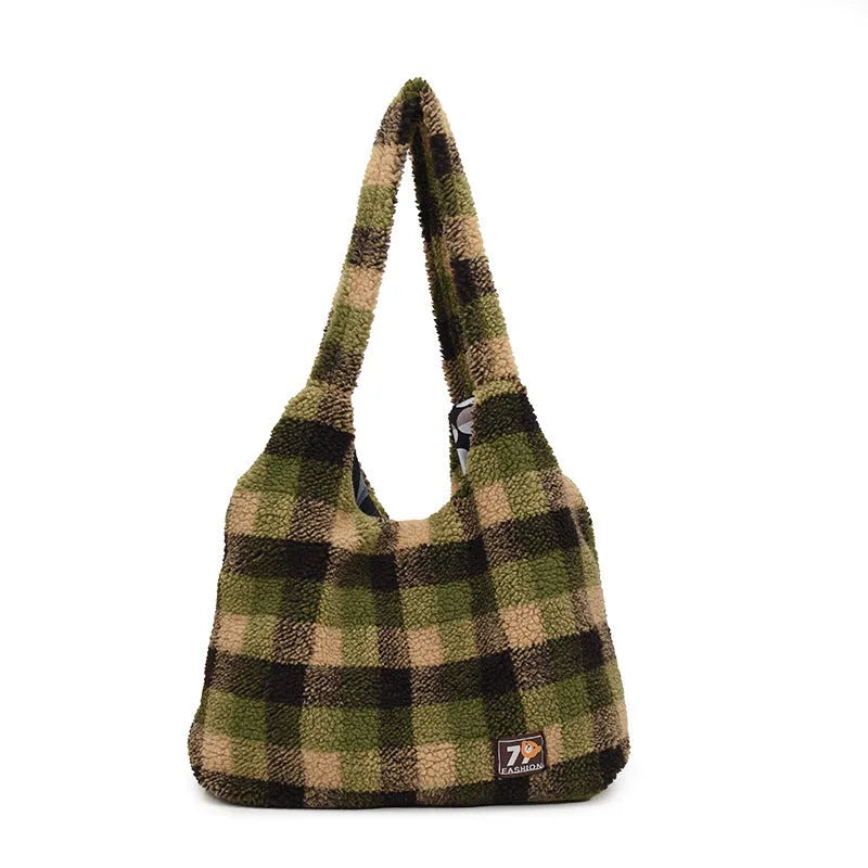Women's plaid crossbody shoulder bag in soft plush fabric showing horizontal square shape and large capacity