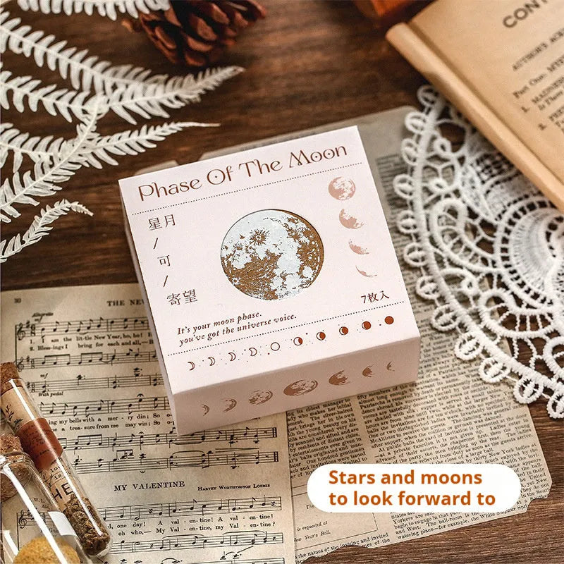 Wooden decorative seal stamp set with seven pieces showing botanical or celestial designs in mixed sizes