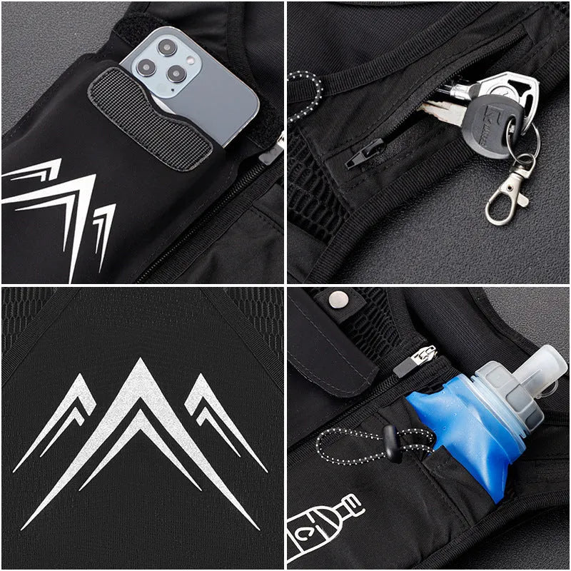 Black breathable mesh sports running vest with a front pocket for a mobile phone.