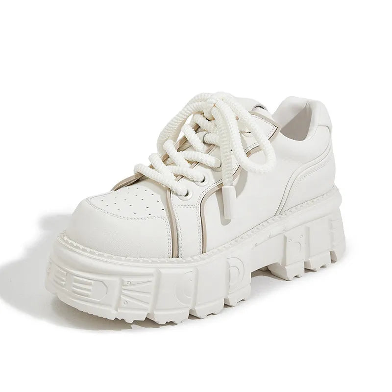 Women's spring muffin bottom casual leather shoes in beige and pink with height increasing design