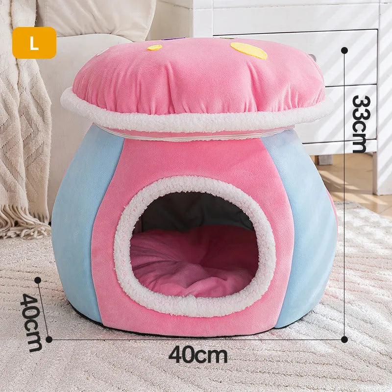 Grey mushroom-shaped cat nest bed with a detachable plush blanket for indoor cats.