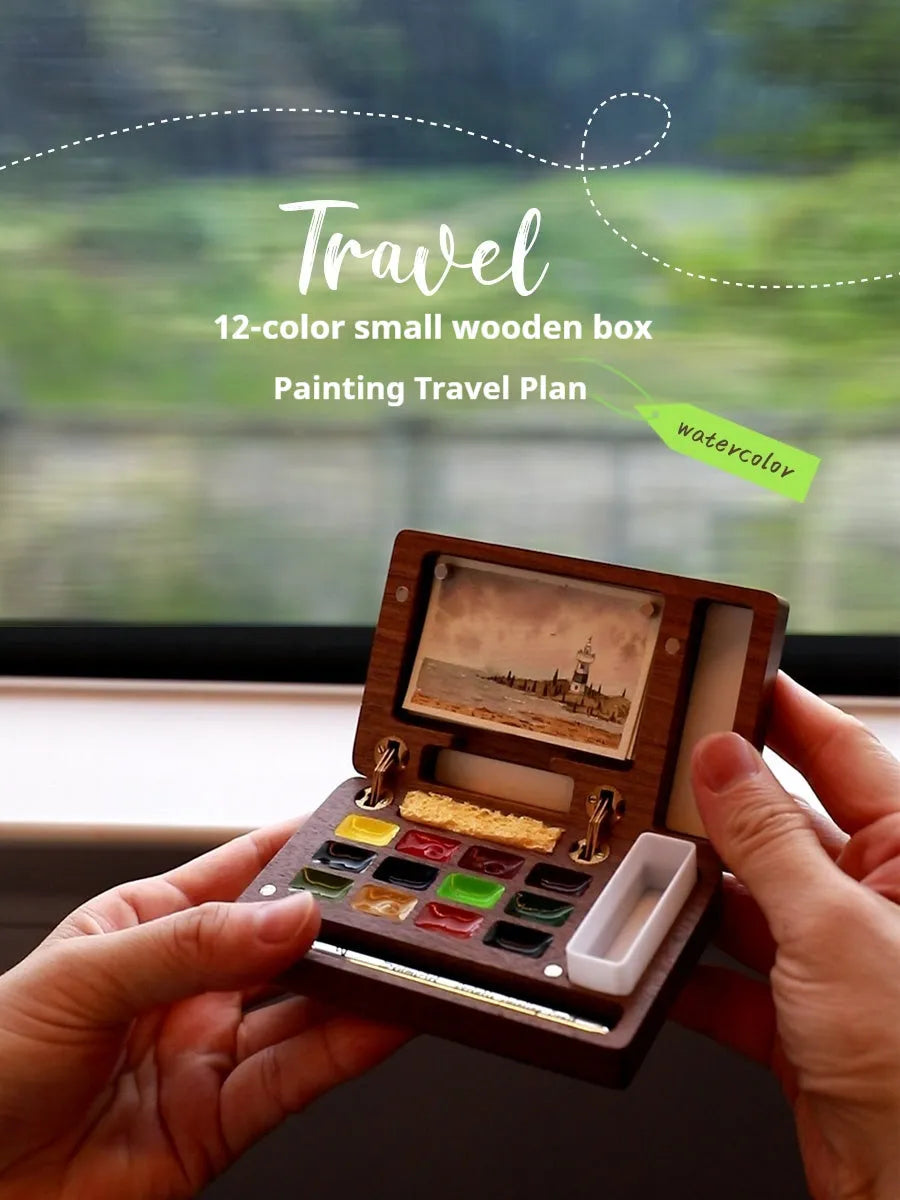 Mini walnut watercolour paint box with pigment sets and leather carrying bag