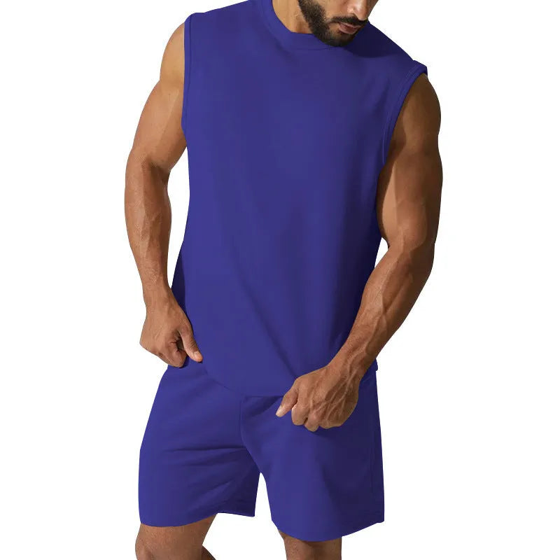 Men's sleeveless top and shorts cotton blend sports suit set in multiple solid colours