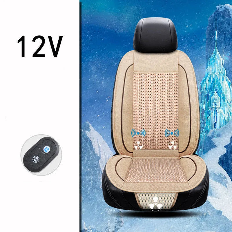 Black car ventilation seat cushion with massage function showing 60x60cm dimensions and power connection