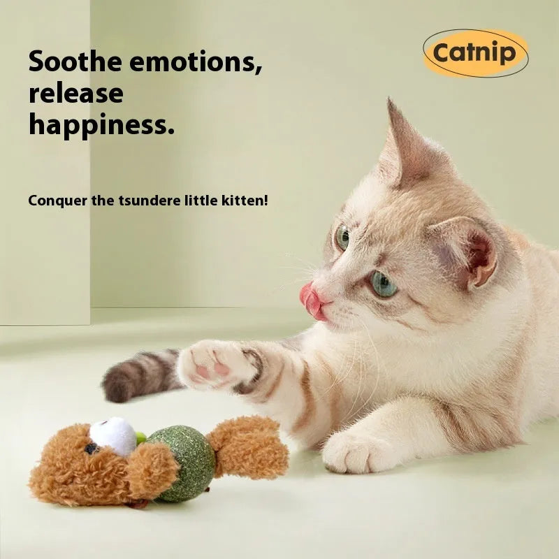 Brown bear plush catnip ball toy with bell, shown next to a 4cm mint ball.