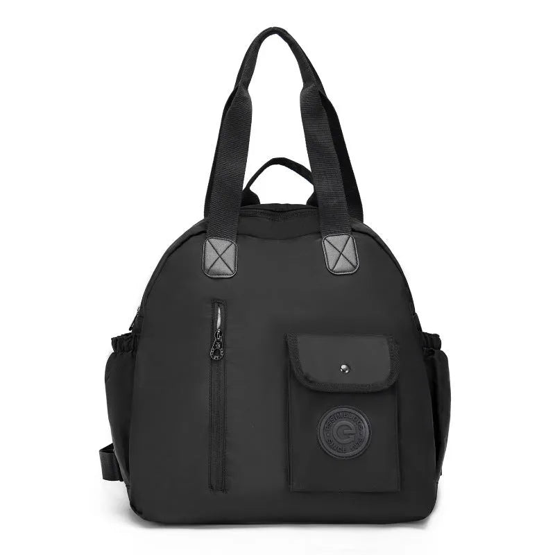 Outdoor backpack with sandwich pocket design showing black, khaki, and green letters colour options