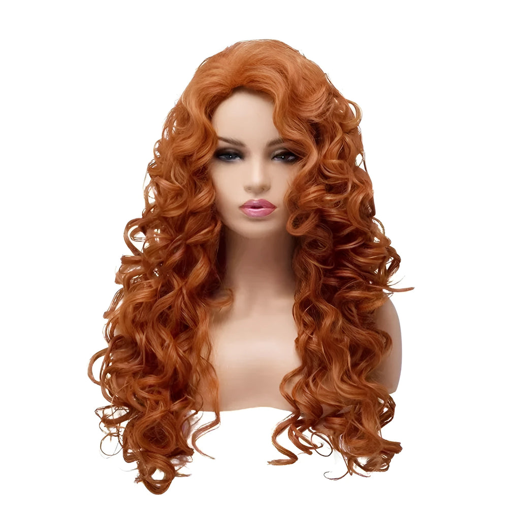 Brown long wavy curly synthetic wig with instant noodles fluffy texture on wig head