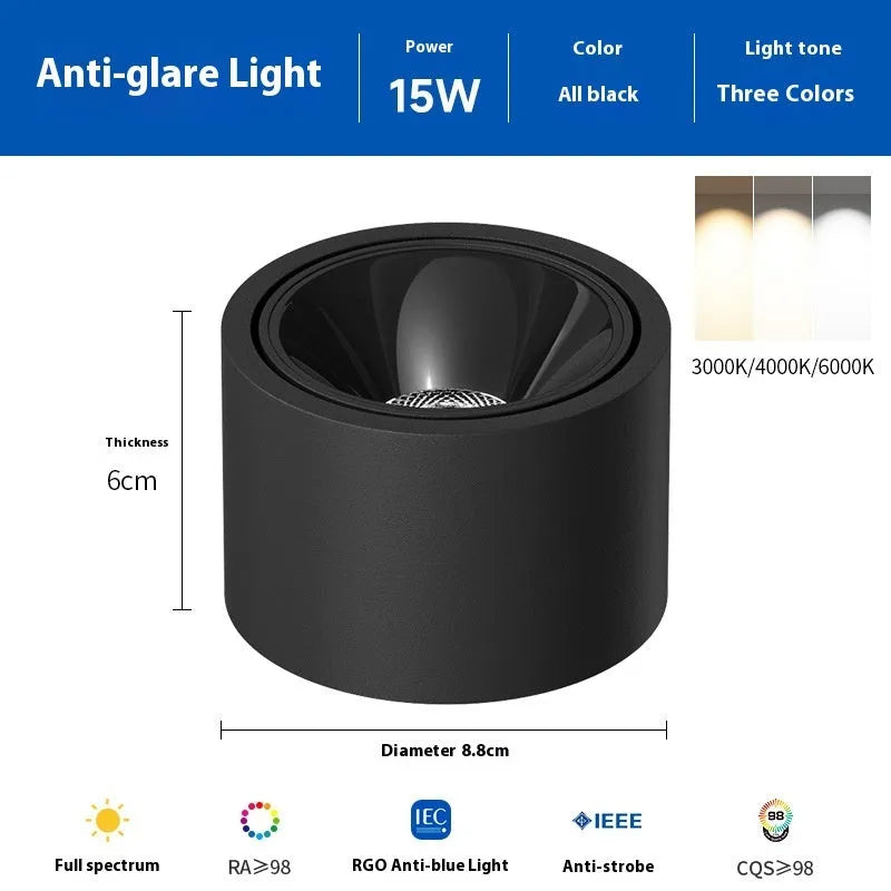 Ultra-thin surface mounted adjustable angle ceiling light aluminium 12W 15W black white finish