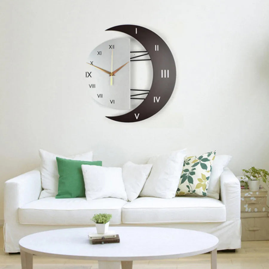 Round wooden MDF wall clock with 24-hour indication, sweep movement, Arabic numerals, and a white face with black hands.