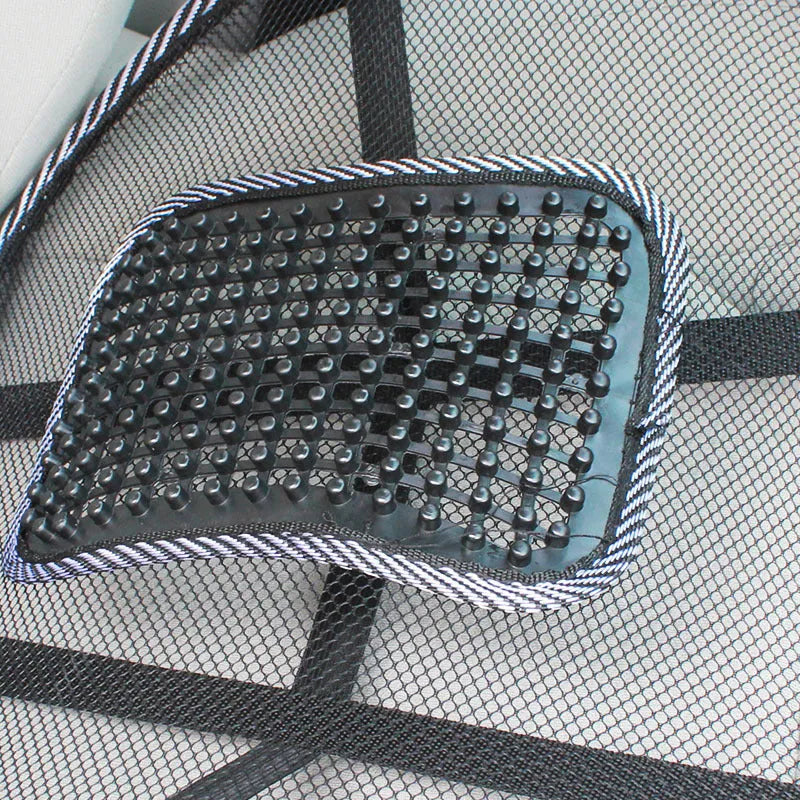Black car lumbar support pillow with steel wire frame measuring 41x39cm